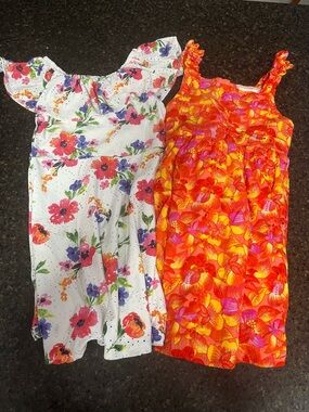 BUNDLE SET LOT btween Little Girls White Orange Floral Eyelet Lined Dress Cotton